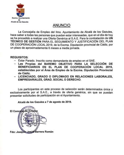 OFERTA DE EMPLEO TÉCNICO DE GESTIÓN PARA EL SEGUIMIENTO Y JUSTIFICACIÓN DEL PLAN DE COOPERACIÓN LOCAL
