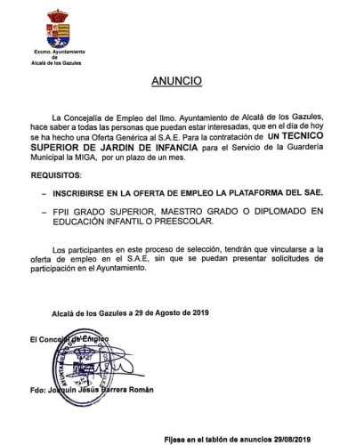 OFERTA DE EMPLEO TÉCNICO SUPERIOR DE JARDÍN DE INFANCIA