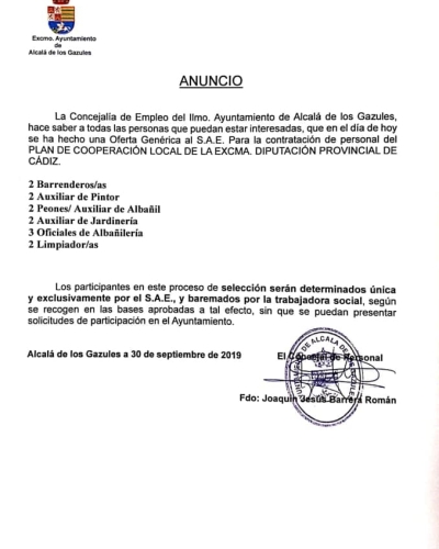 OFERTA DE EMPLEO PLAN DE COOPERACIÓN LOCAL