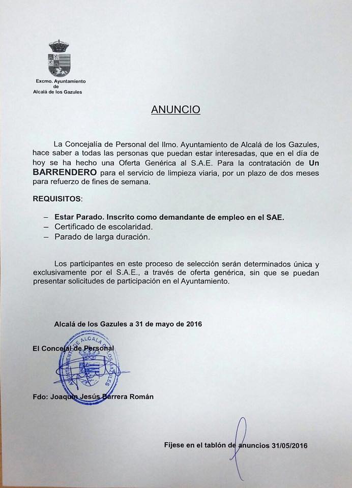 OFERTA AL SAE- BARRENDERO