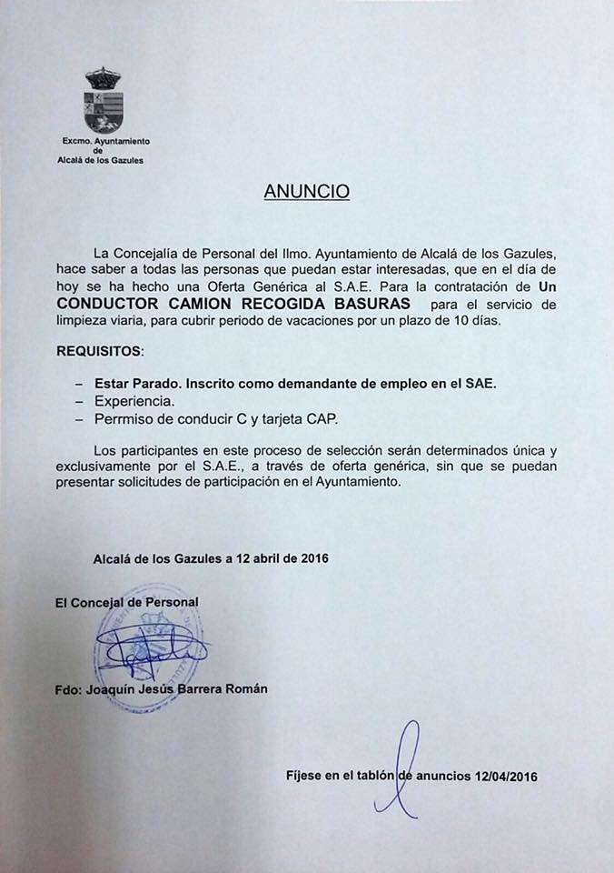 OFERTA AL SAE- CONDUCTOR PARA CAMIÓN DE BASURAS