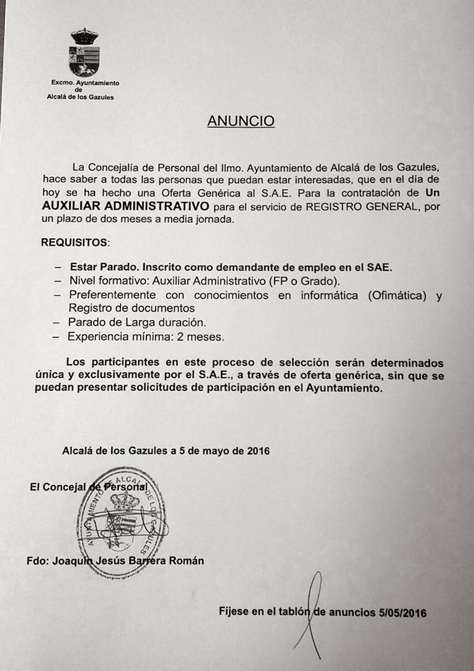 OFERTA GENÉRICA AL SAE- AUXILIAR ADMINISTRATIVO