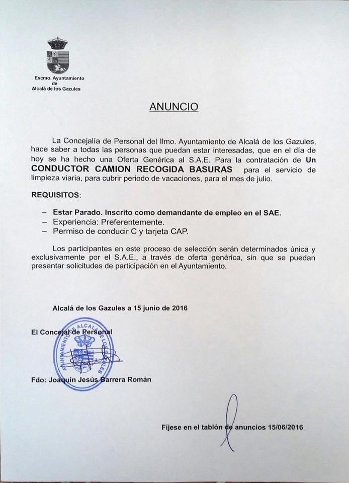 Oferta al SAE- CONDUCTOR CAMIÓN DE BASURAS