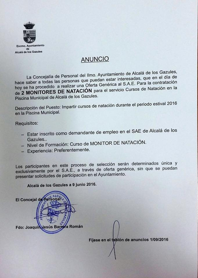 OFERTA AL SAE- MONITOR/A DE NATACIÓN