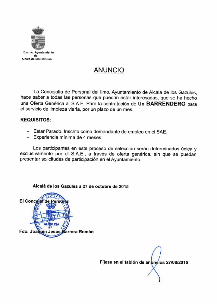 CONTRATACIÓN PUESTO DE BARRENDERO